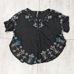 Free People Women's Black Embroidered Multicolor Aztec Blouse Top Size Small